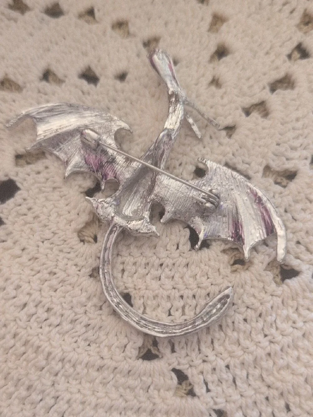 Silver Toned Dragon Brooch with Green Rhinestones Fairycore Whimsigoth Dinosaur